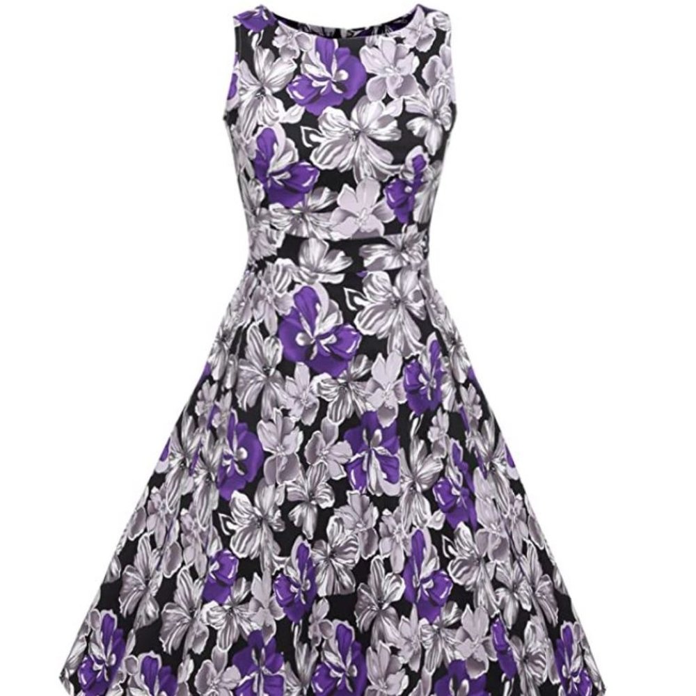 Purple Vintage 1950's Floral Spring Garden Party Picnic Cocktail Dress Size L